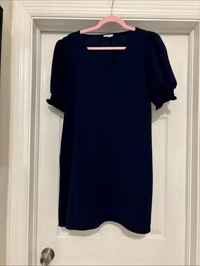 JODIFL Navy V-Neck Puff Sleeve Mini Dress